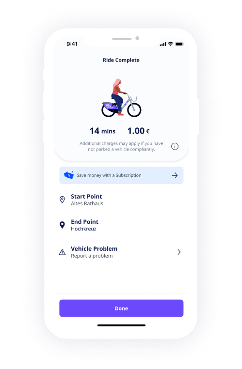 nextbike App Screenshot zeigt Informationen (Ausleihdauer, Preis, Startpunkt, Endpunkt) einer beendeten Rad-Leihe.